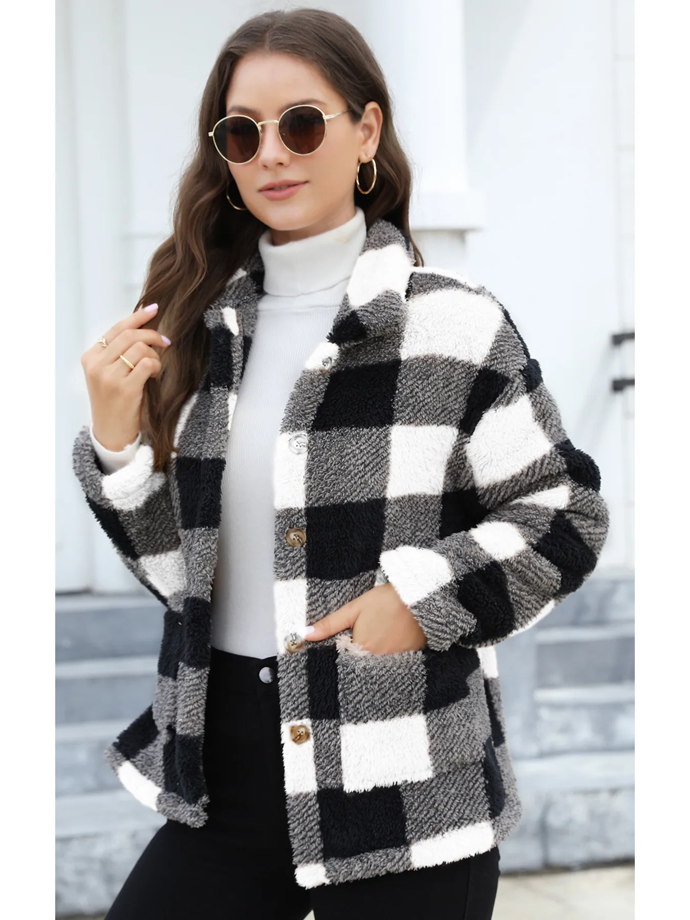 Style Women Plaid Plush Coat Patch Pocket Versatile Long Sleeve Winter Fashion Casual Jacket display picture 9
