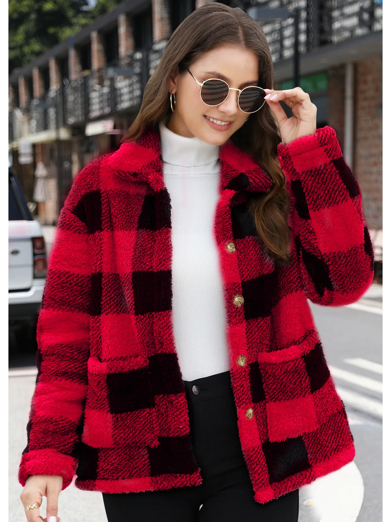 Style Women Plaid Plush Coat Patch Pocket Versatile Long Sleeve Winter Fashion Casual Jacket display picture 11
