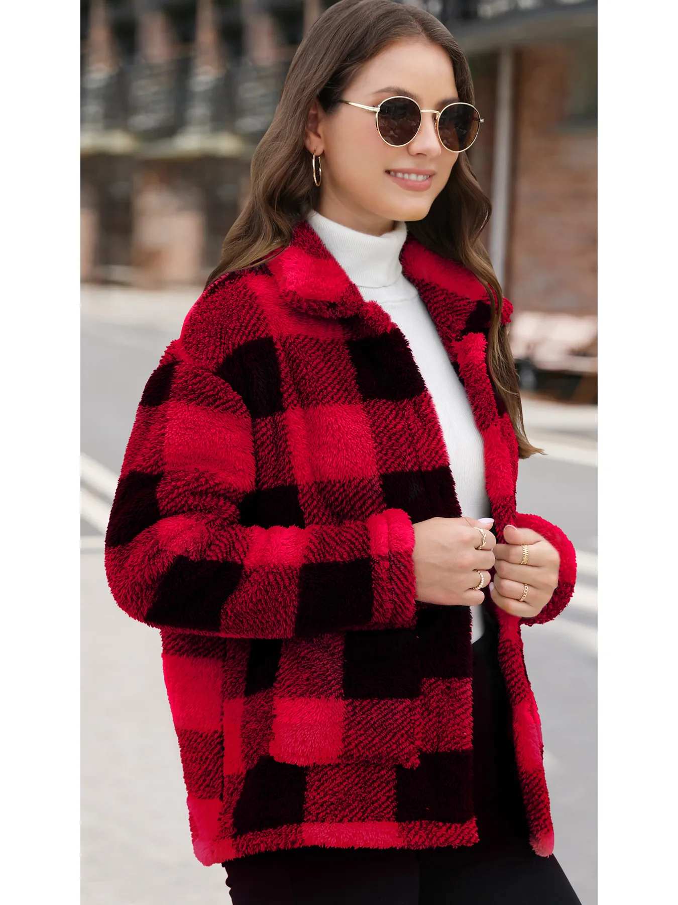 Style Women Plaid Plush Coat Patch Pocket Versatile Long Sleeve Winter Fashion Casual Jacket display picture 12
