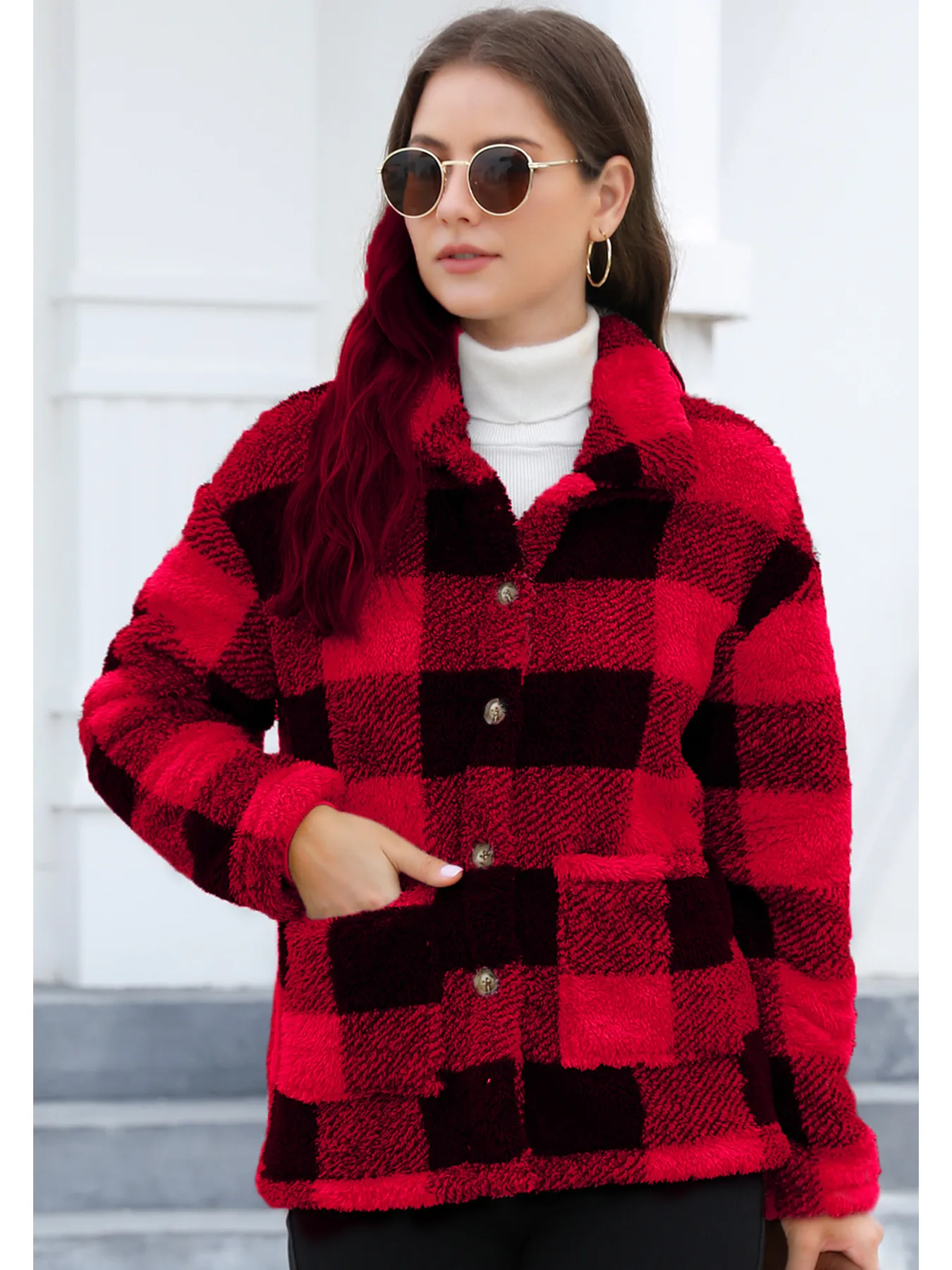 Style Women Plaid Plush Coat Patch Pocket Versatile Long Sleeve Winter Fashion Casual Jacket display picture 13
