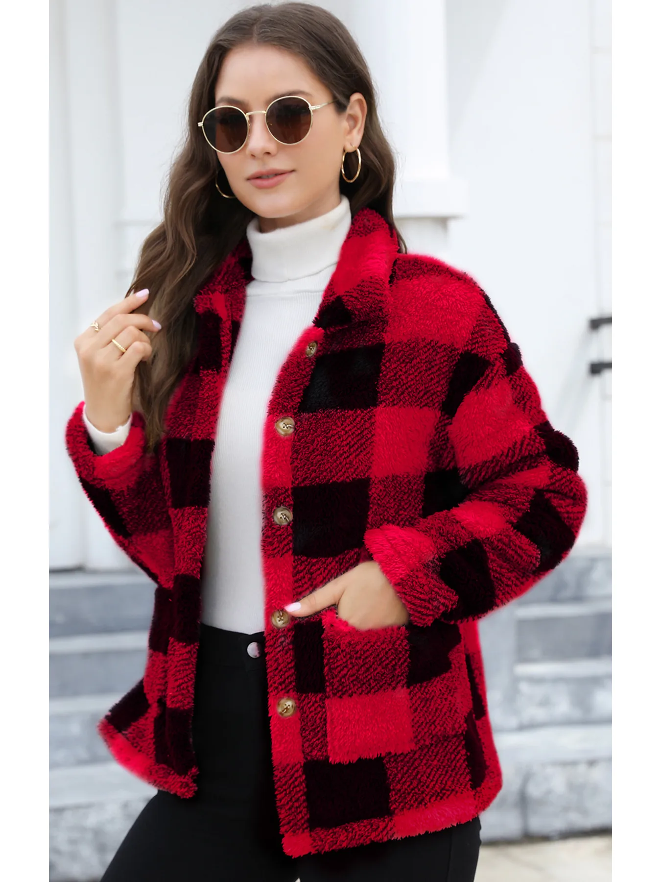 Style Women Plaid Plush Coat Patch Pocket Versatile Long Sleeve Winter Fashion Casual Jacket display picture 14