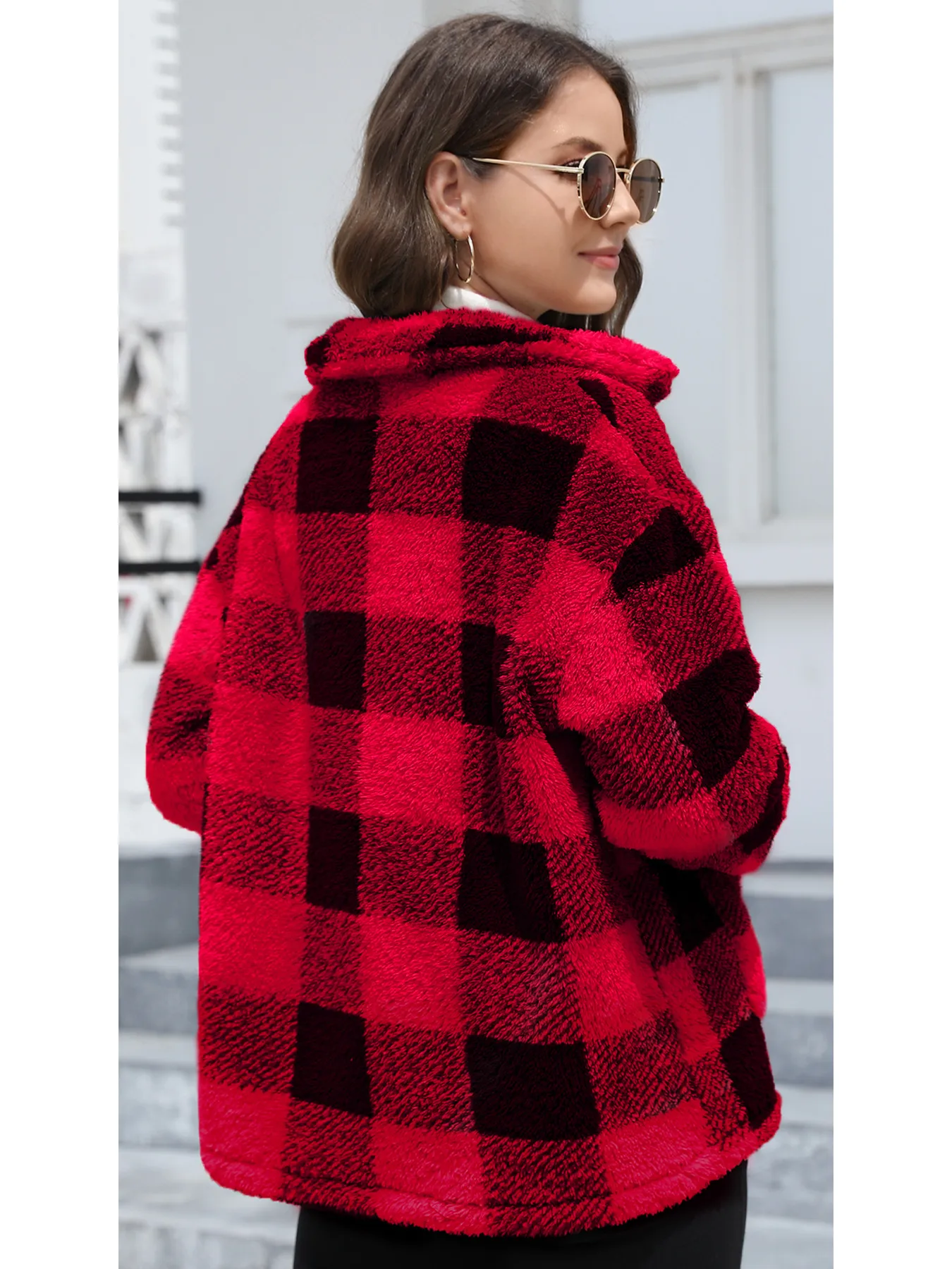 Style Women Plaid Plush Coat Patch Pocket Versatile Long Sleeve Winter Fashion Casual Jacket display picture 15