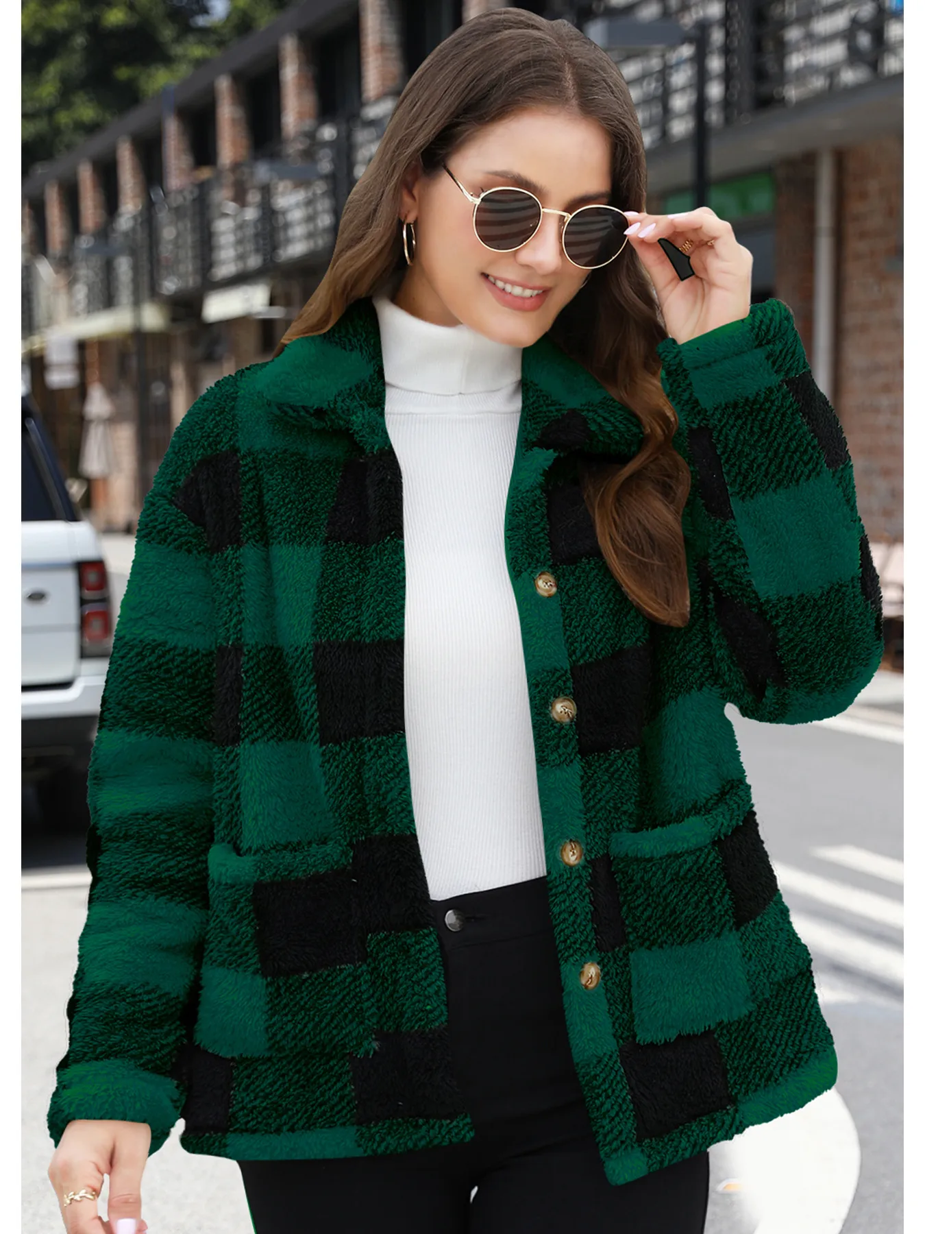 Style Women Plaid Plush Coat Patch Pocket Versatile Long Sleeve Winter Fashion Casual Jacket display picture 16