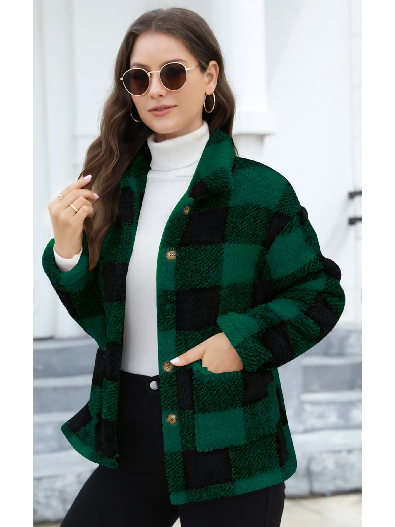 Style Women Plaid Plush Coat Patch Pocket Versatile Long Sleeve Winter Fashion Casual Jacket display picture 18