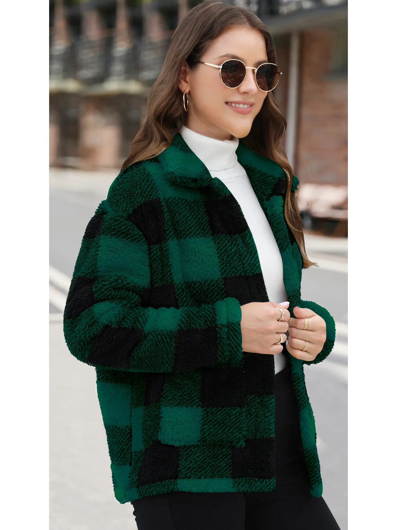 Style Women Plaid Plush Coat Patch Pocket Versatile Long Sleeve Winter Fashion Casual Jacket display picture 19