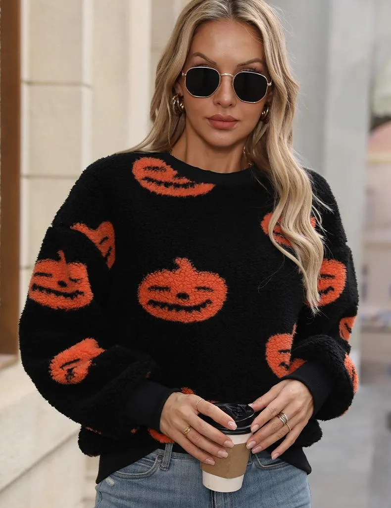 Flash Velvet    Women's Autumn And Winter New  Halloween Printed Plush Loose Pullover Sweatershirt display picture 1