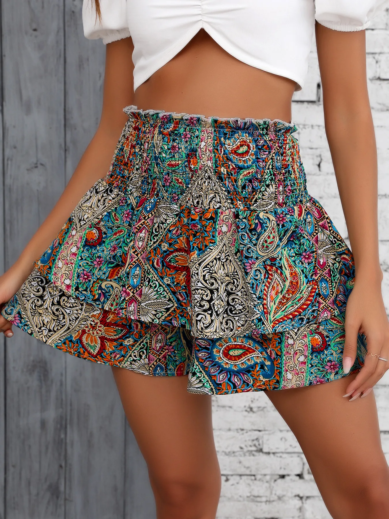 Summer New Ethnic Print High Waist Smocking Wide Leg Shorts display picture 5