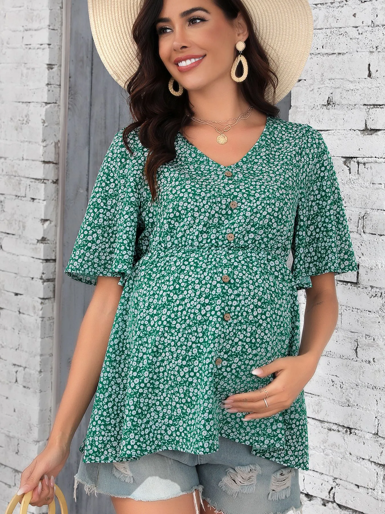 Summer New Small Floral Print V-neck Ruffle Maternity Top display picture 4