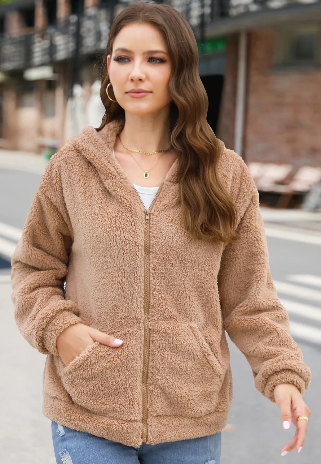Loose Casual Thickening Hooded Plush Coat display picture 3