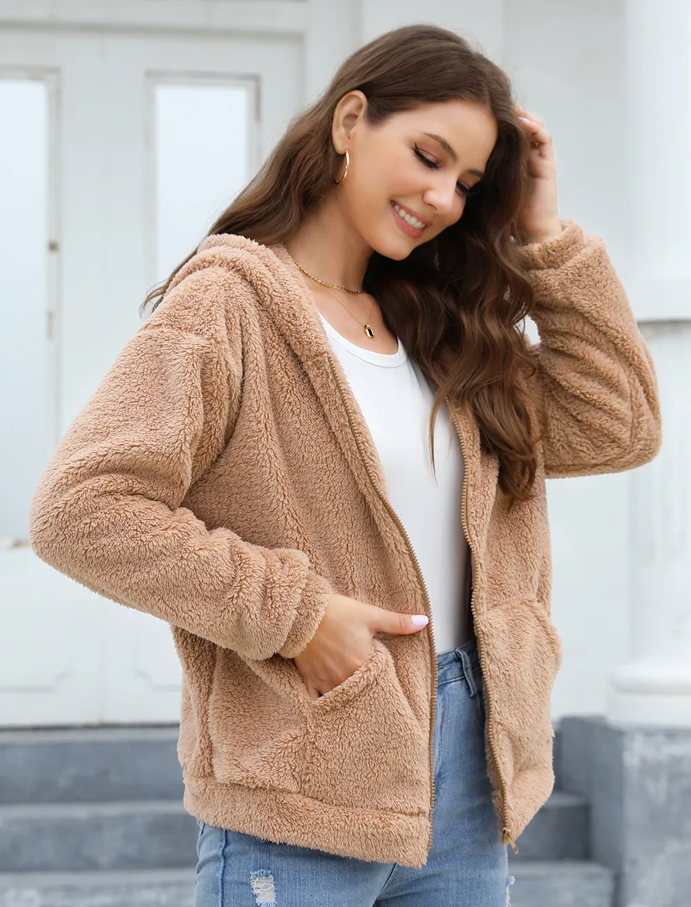 Loose Casual Thickening Hooded Plush Coat display picture 5