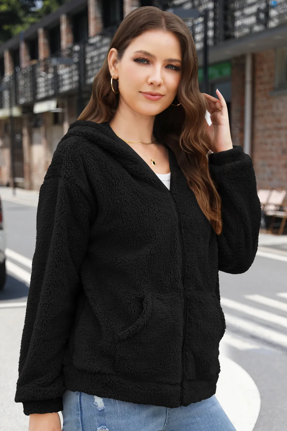 Loose Casual Thickening Hooded Plush Coat display picture 16