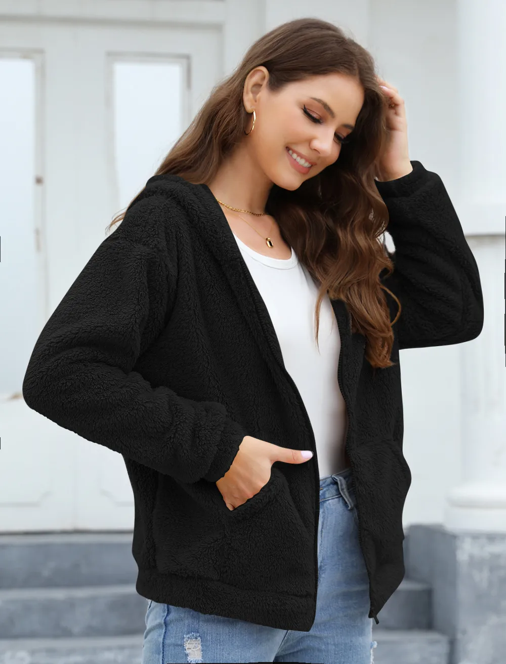 Loose Casual Thickening Hooded Plush Coat display picture 17
