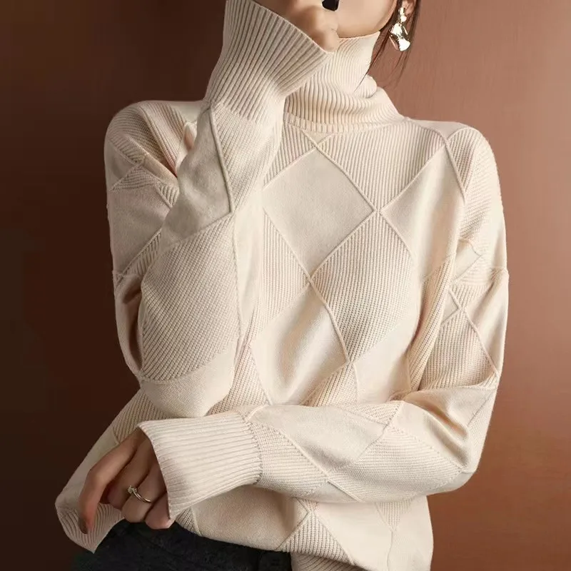 Sy612#  Foreign Trade Fashion High Collar Diamond Lattice Smooth Texture Solid Color Pullover Sweater Elegant Half Turtleneck display picture 2