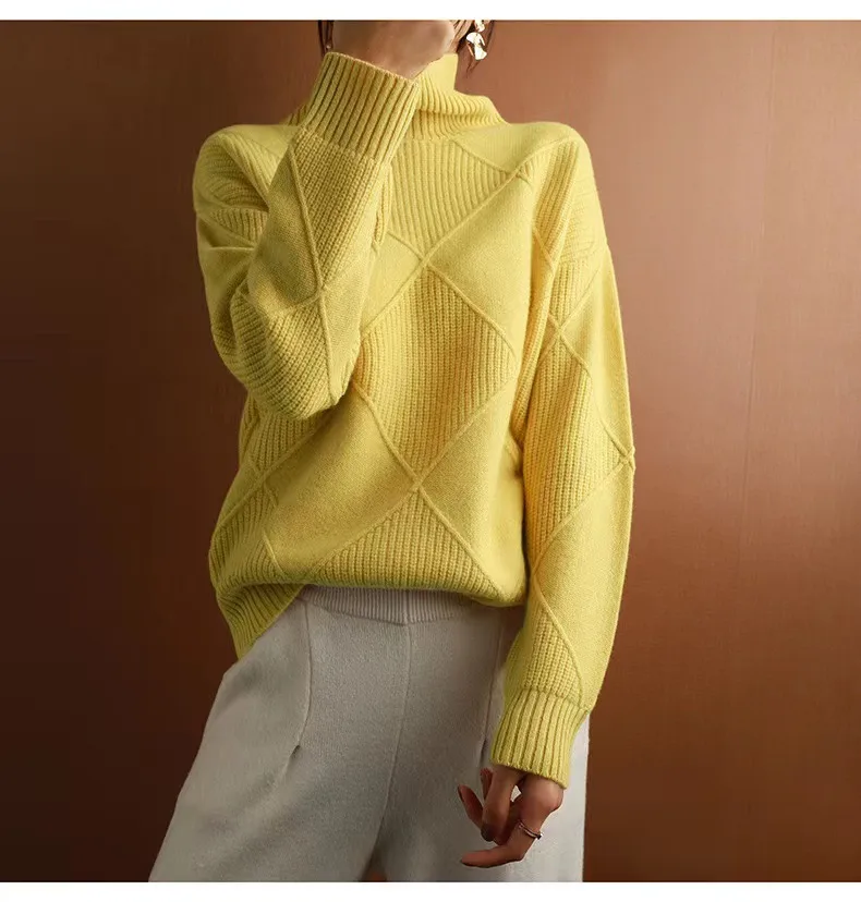 Sy612#  Foreign Trade Fashion High Collar Diamond Lattice Smooth Texture Solid Color Pullover Sweater Elegant Half Turtleneck display picture 1