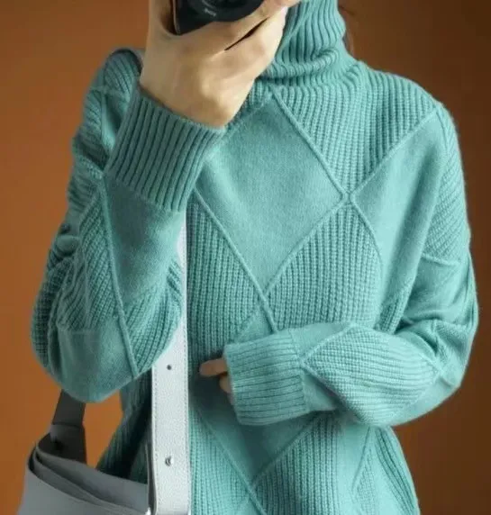 Sy612#  Foreign Trade Fashion High Collar Diamond Lattice Smooth Texture Solid Color Pullover Sweater Elegant Half Turtleneck display picture 3