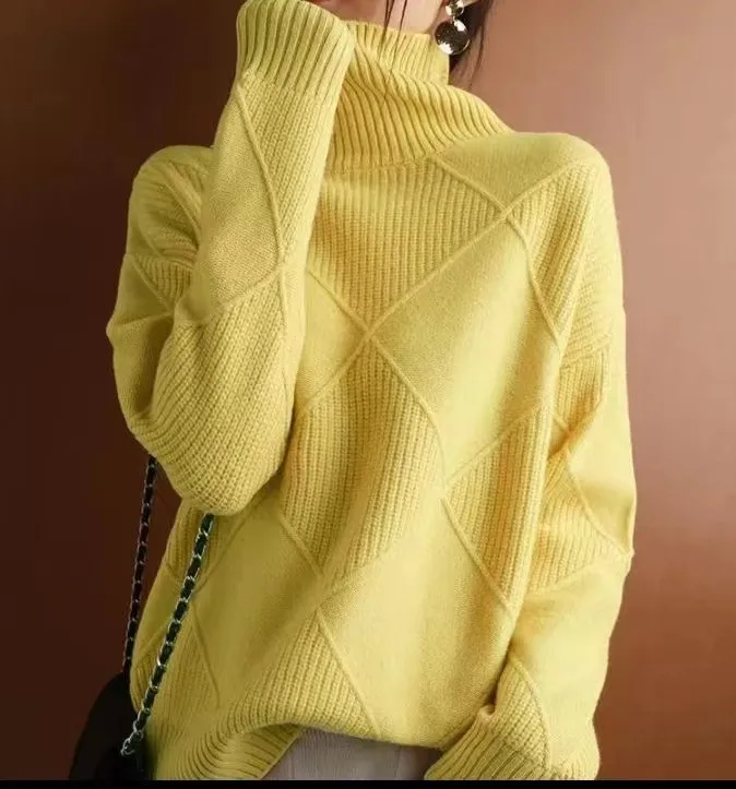 Sy612#  Foreign Trade Fashion High Collar Diamond Lattice Smooth Texture Solid Color Pullover Sweater Elegant Half Turtleneck display picture 4
