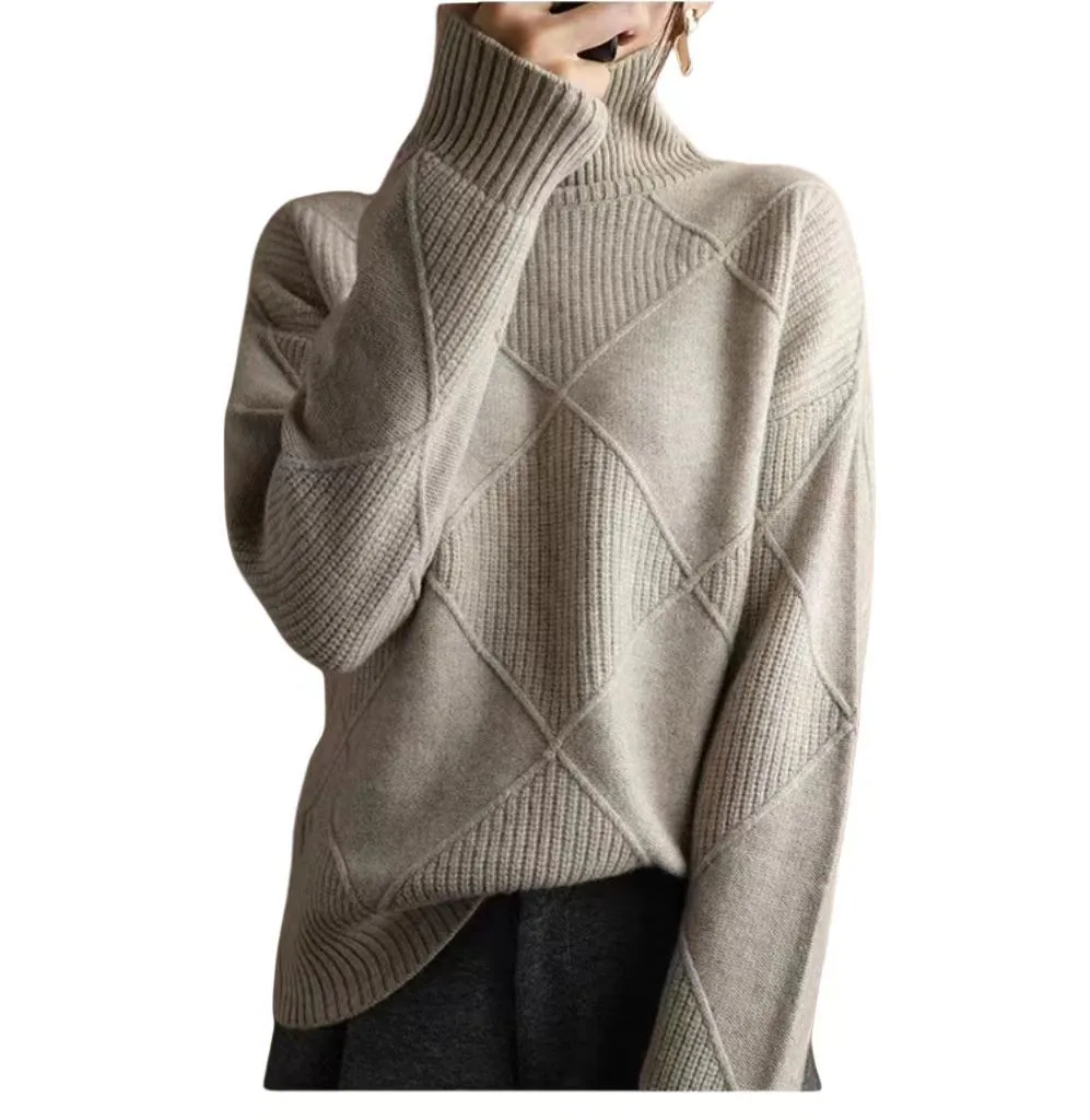 Sy612#  Foreign Trade Fashion High Collar Diamond Lattice Smooth Texture Solid Color Pullover Sweater Elegant Half Turtleneck display picture 5