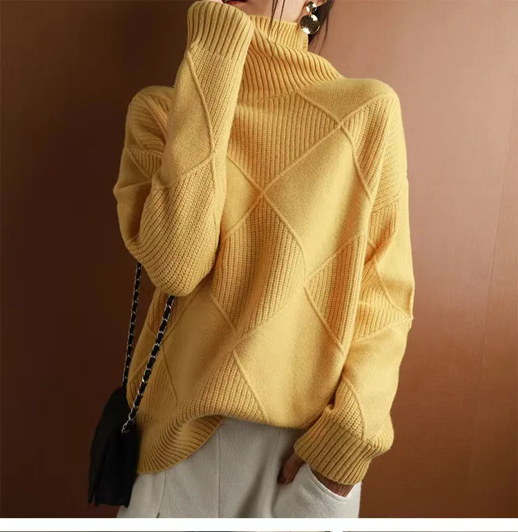 Sy612#  Foreign Trade Fashion High Collar Diamond Lattice Smooth Texture Solid Color Pullover Sweater Elegant Half Turtleneck display picture 8