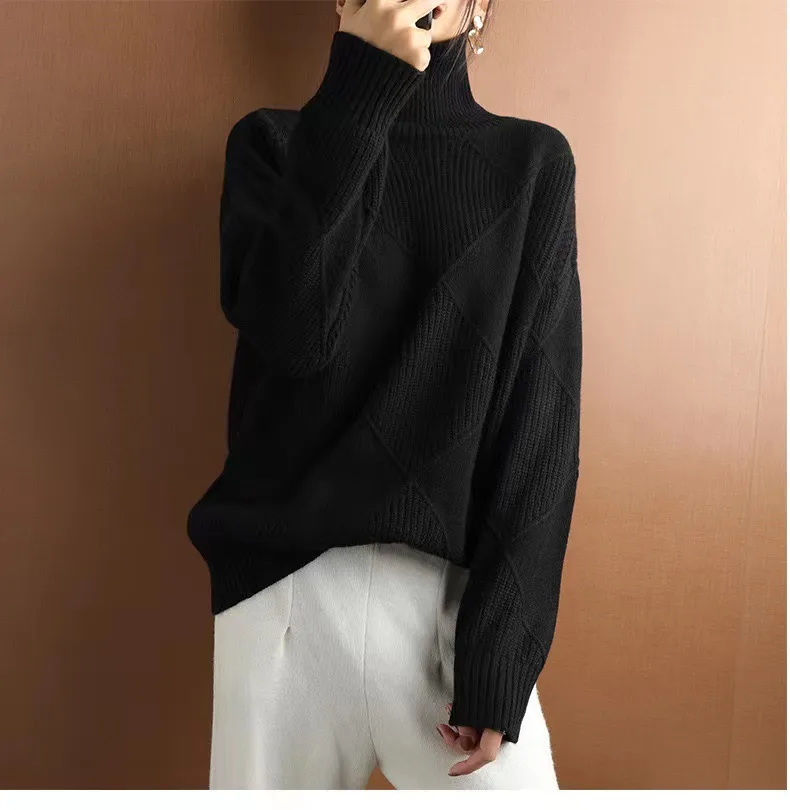 Sy612#  Foreign Trade Fashion High Collar Diamond Lattice Smooth Texture Solid Color Pullover Sweater Elegant Half Turtleneck display picture 9