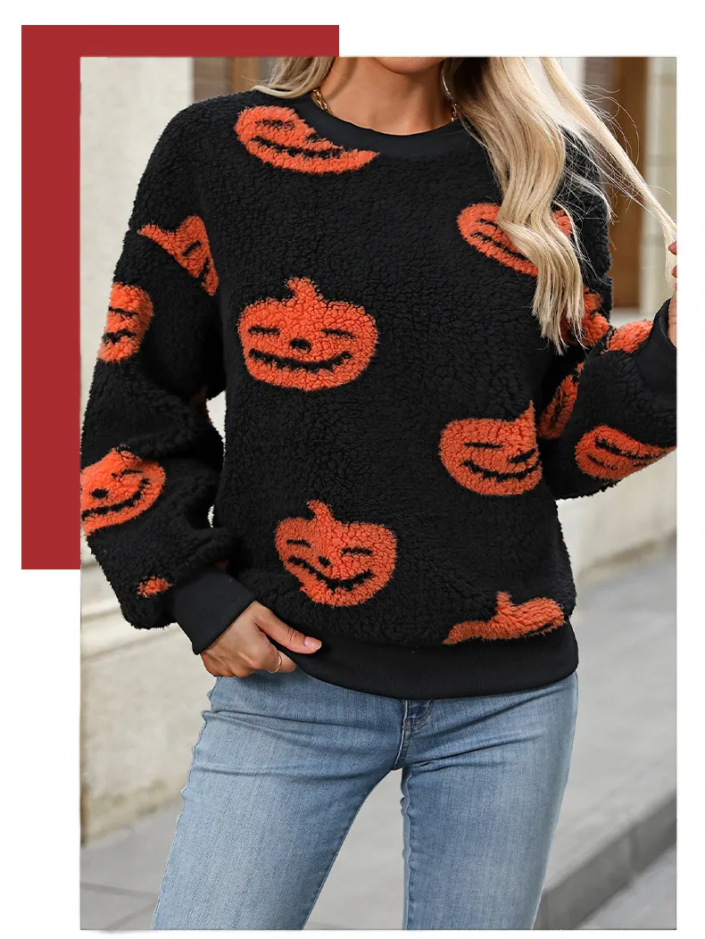 Flash Velvet    Women's Autumn And Winter New  Halloween Printed Plush Loose Pullover Sweatershirt display picture 2