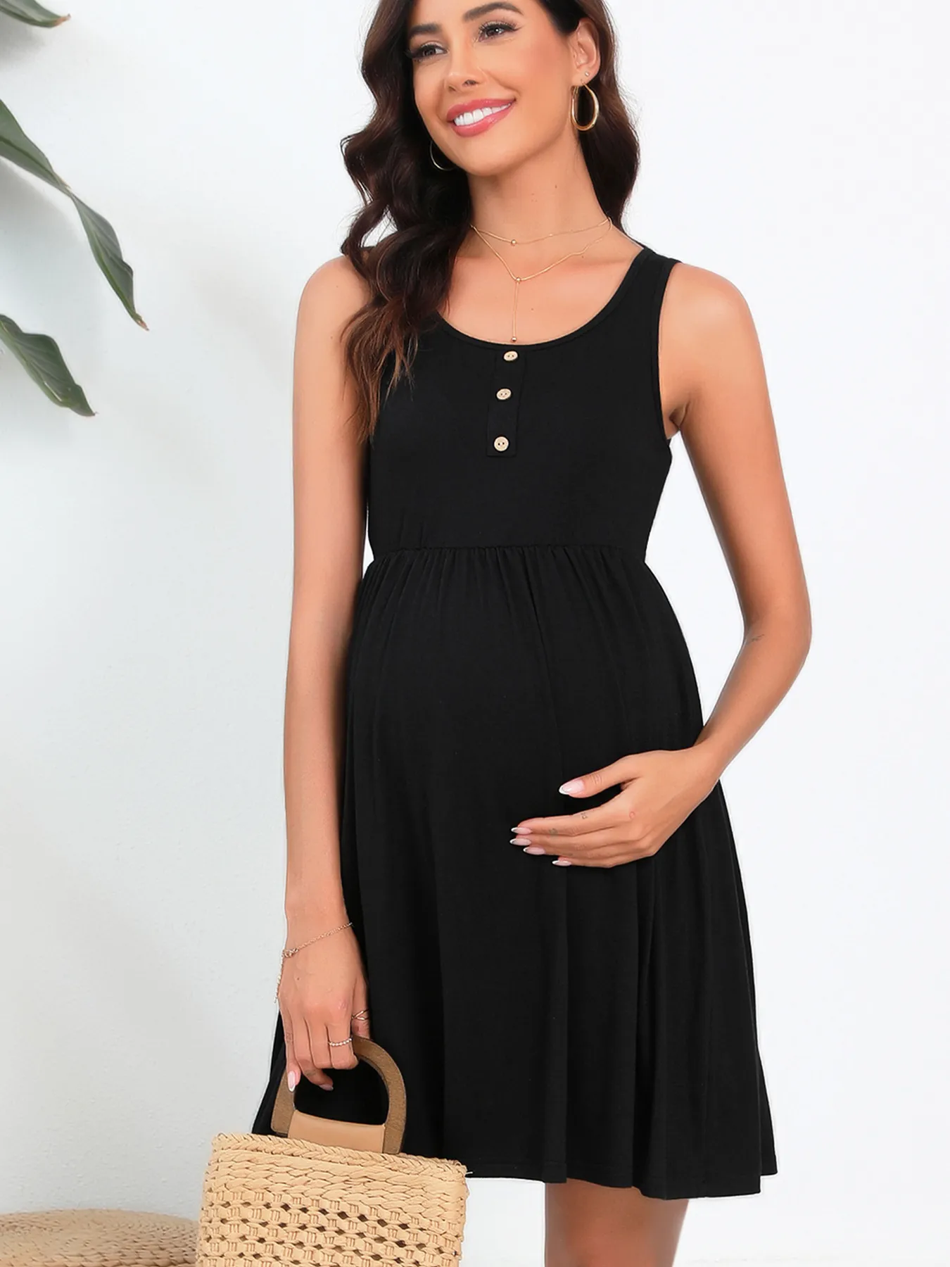Spring And Summer New Maternity Clothes Solid Color Loose Double Pocket Fashion Sleeveless Button Vest Dress display picture 2