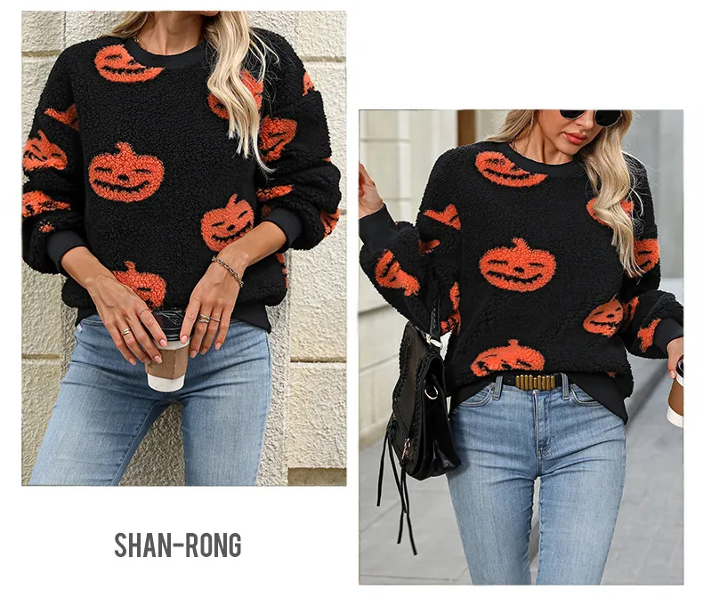 Flash Velvet    Women's Autumn And Winter New  Halloween Printed Plush Loose Pullover Sweatershirt display picture 3