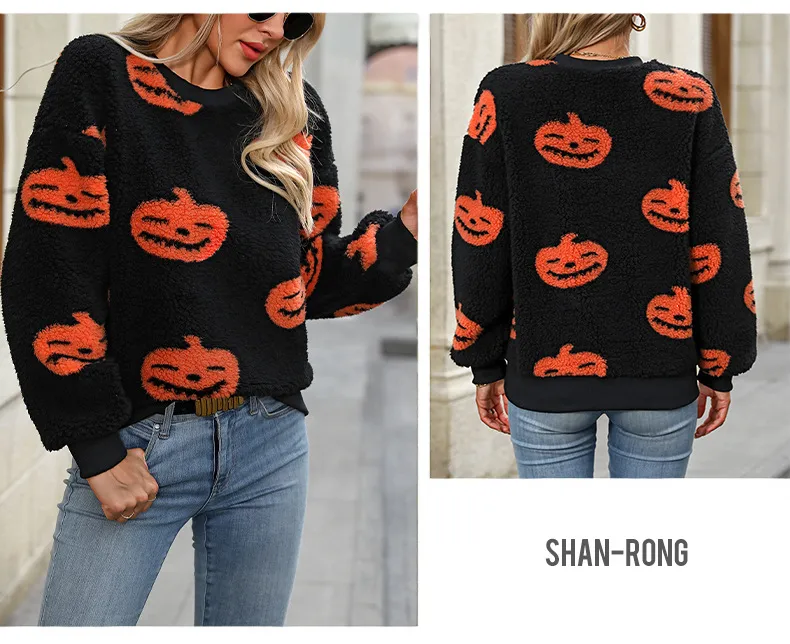 Flash Velvet    Women's Autumn And Winter New  Halloween Printed Plush Loose Pullover Sweatershirt display picture 4
