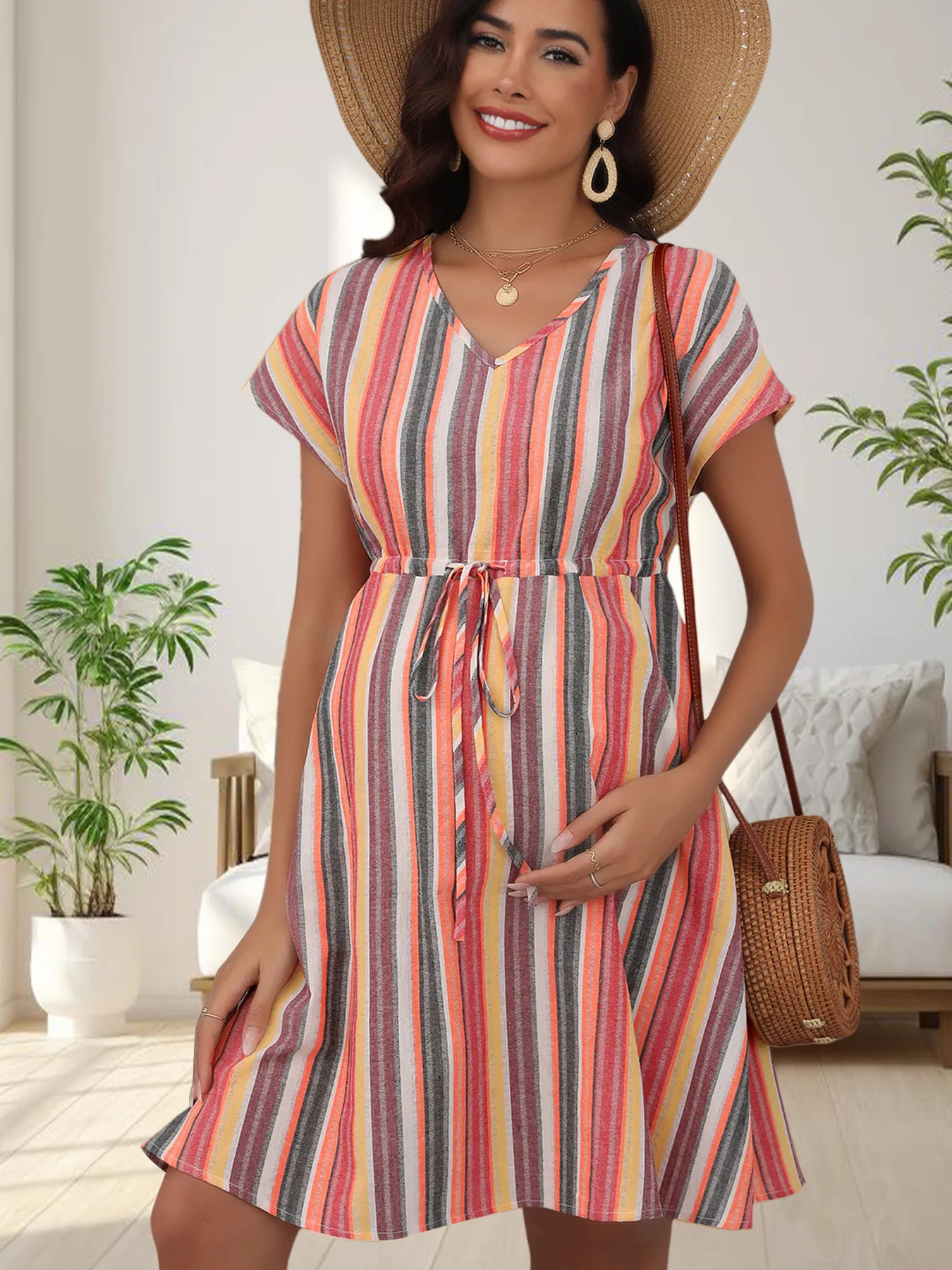 New V-neck Short Sleeve Loose Casual Striped 3D Printing Waist Belt Pregnant Women Dress display picture 2