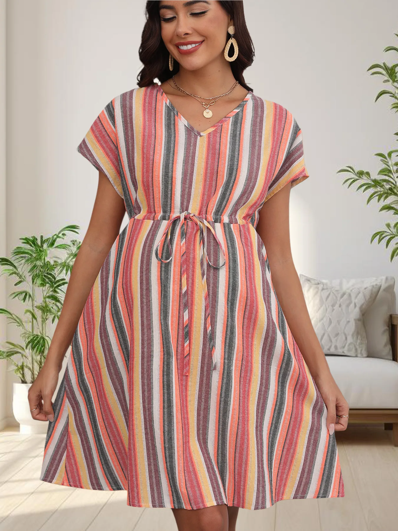 New V-neck Short Sleeve Loose Casual Striped 3D Printing Waist Belt Pregnant Women Dress display picture 6