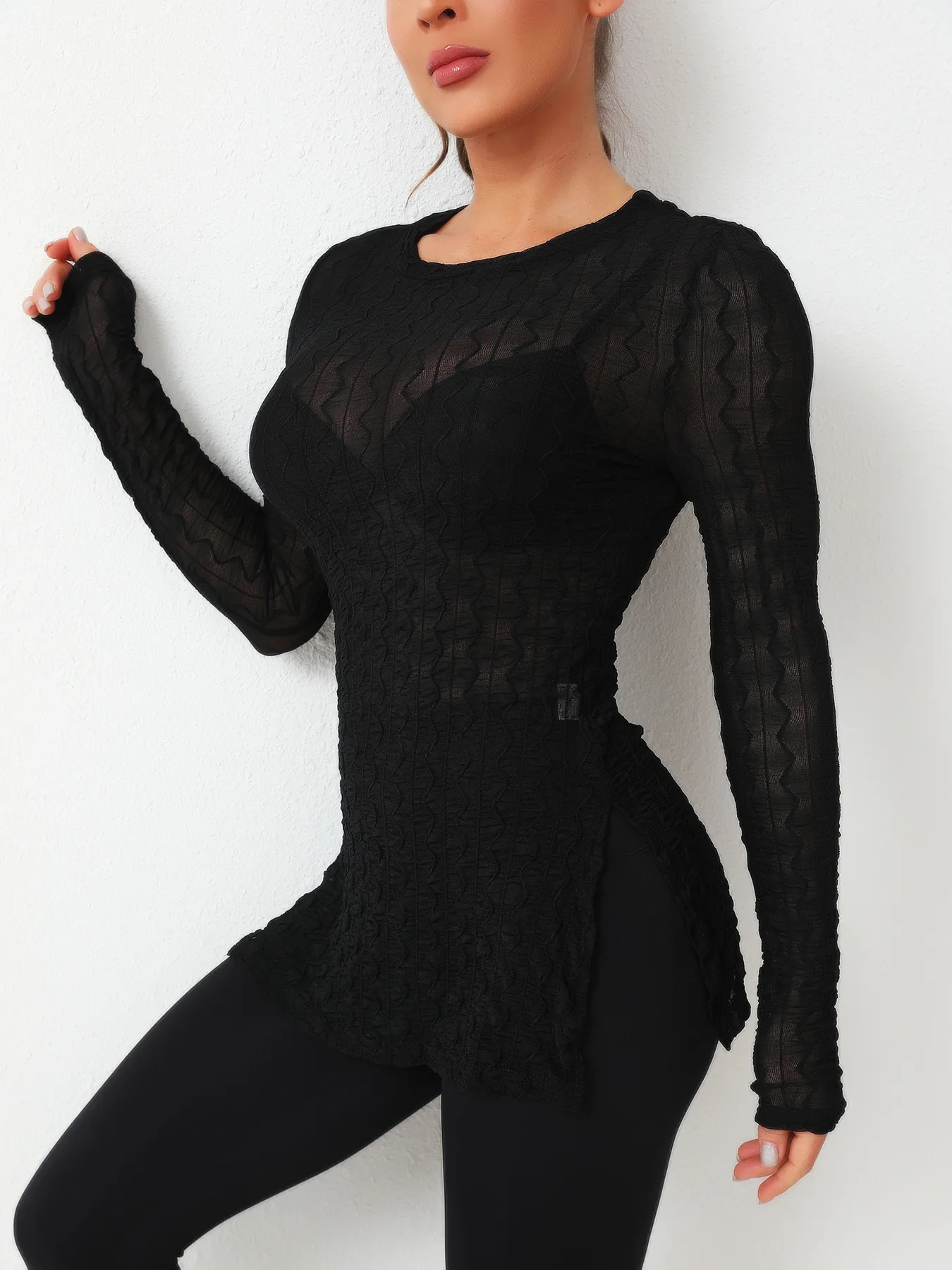 Spring And Summer See-through Elastic Net Women New Sexy Hollow Out Beach Sun Protection Blouse Long Sleeve Round Neck T display picture 3