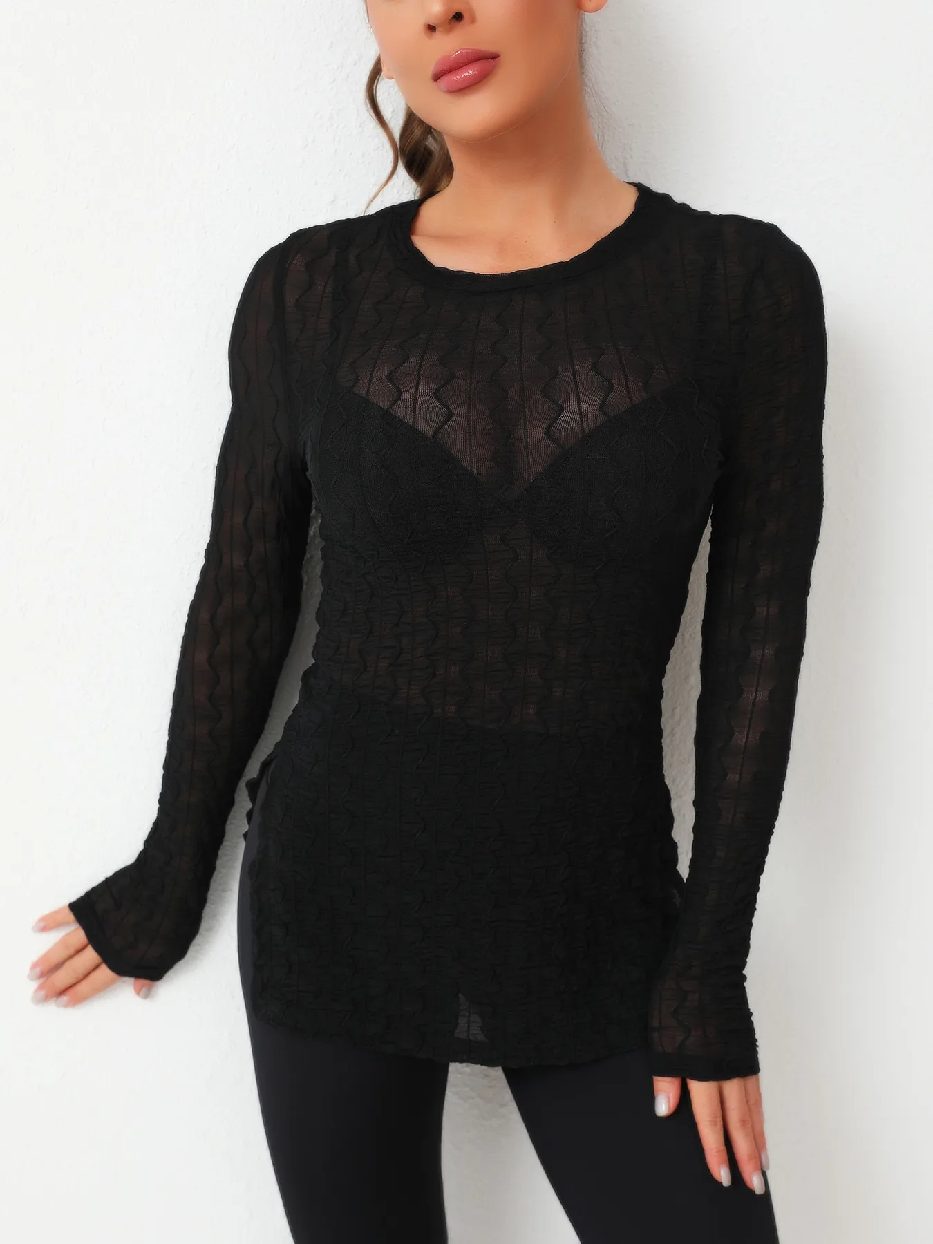 Spring And Summer See-through Elastic Net Women New Sexy Hollow Out Beach Sun Protection Blouse Long Sleeve Round Neck T display picture 4