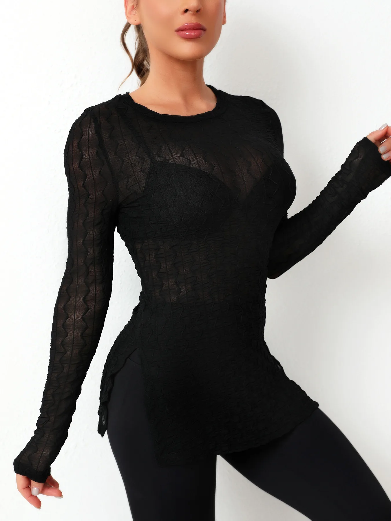 Spring And Summer See-through Elastic Net Women New Sexy Hollow Out Beach Sun Protection Blouse Long Sleeve Round Neck T display picture 5