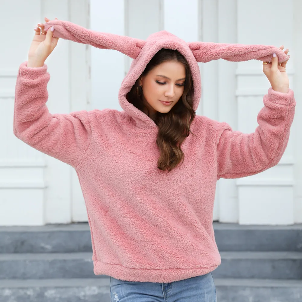 Women's Clothing Thickened Fleece Rabbit Ears Hooded Fleece Pullover display picture 5