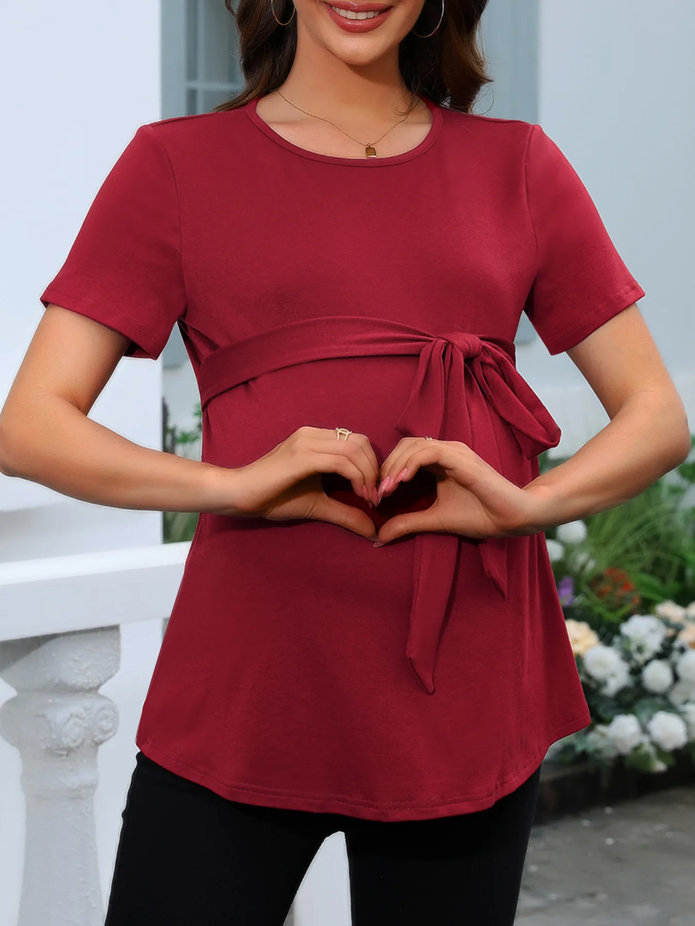 Women's Round-Neck Short Sleeve Top Belt Solid Color Maternity T-shirt display picture 3