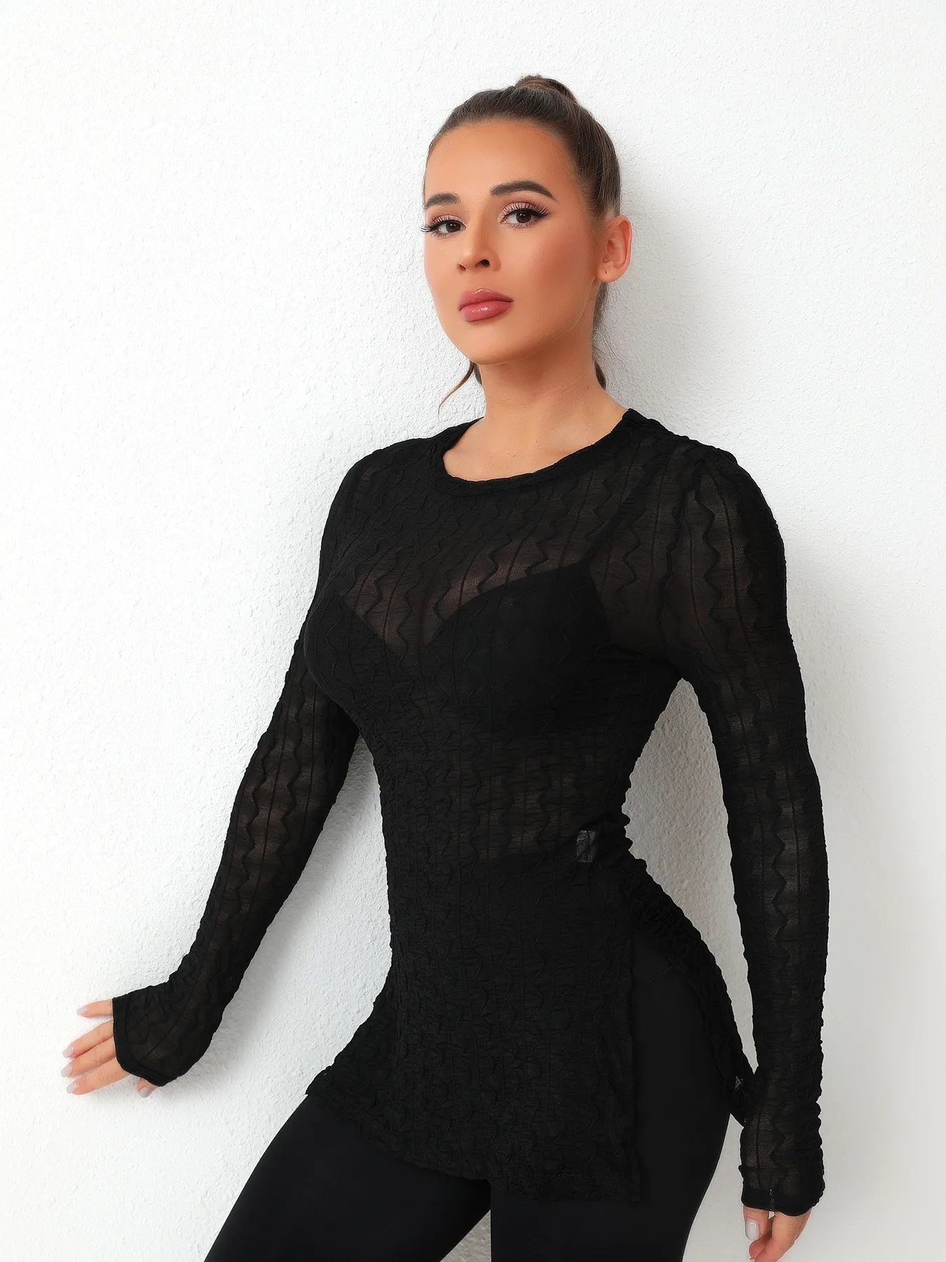 Spring And Summer See-through Elastic Net Women New Sexy Hollow Out Beach Sun Protection Blouse Long Sleeve Round Neck T display picture 6