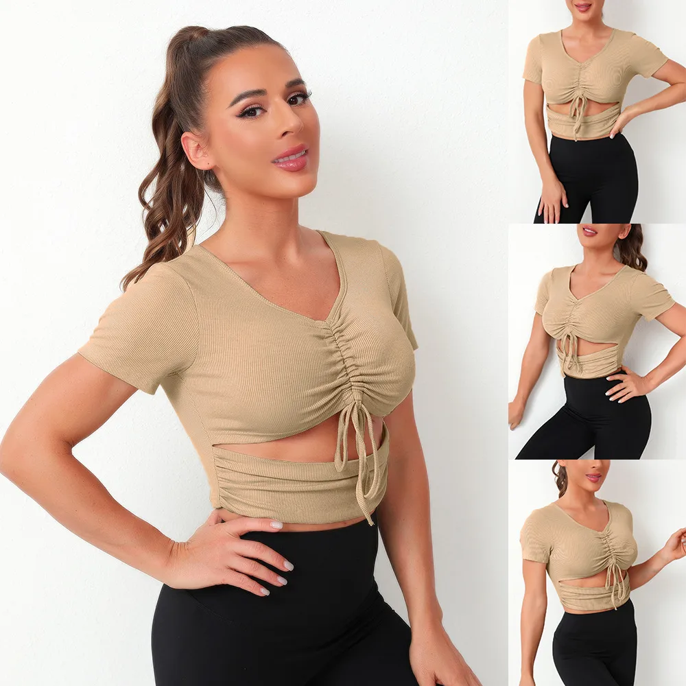 Sexy Sweet And Spicy Style V-neck Knitted T-shirt Lace-up Navel-Exposed Design Short Sleeve Top display picture 2