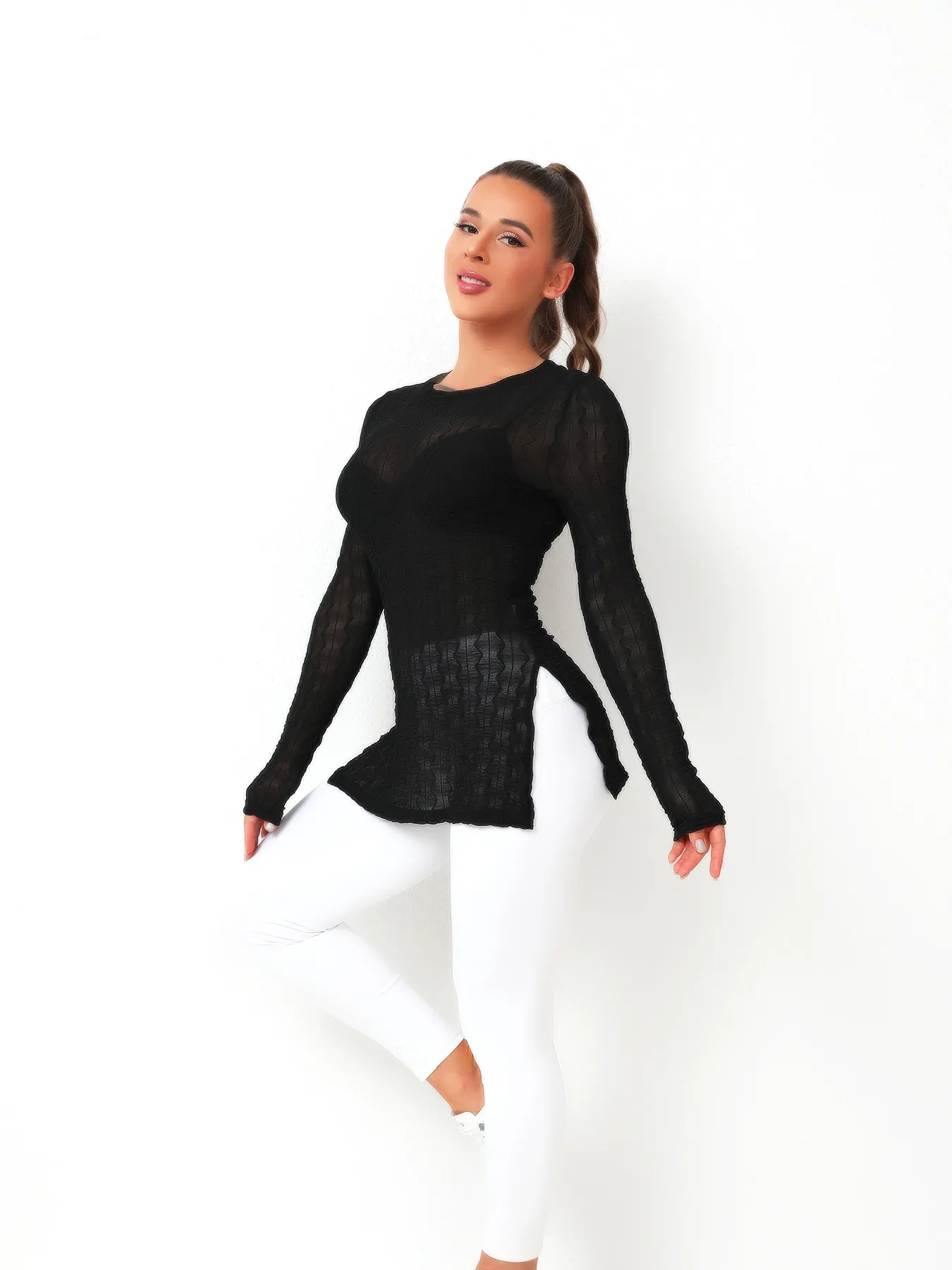 Spring And Summer See-through Elastic Net Women New Sexy Hollow Out Beach Sun Protection Blouse Long Sleeve Round Neck T display picture 8
