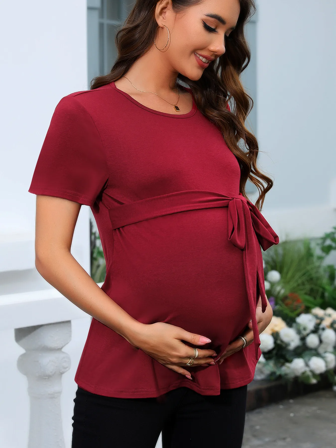 Women's Round-Neck Short Sleeve Top Belt Solid Color Maternity T-shirt display picture 6