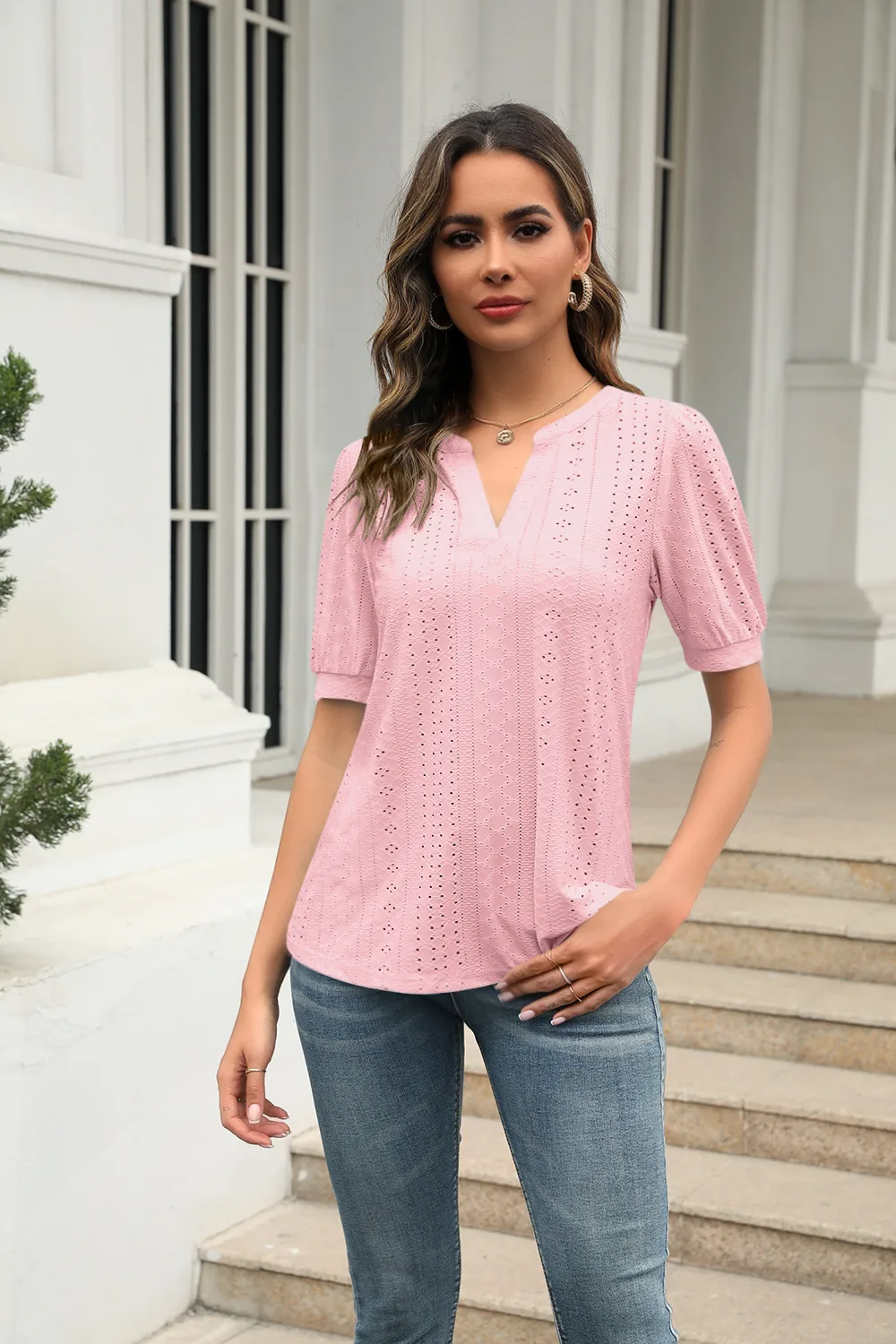 Summer Casual V-neck Solid Color Hollow Puff Sleeve Loose T-shirt display picture 12