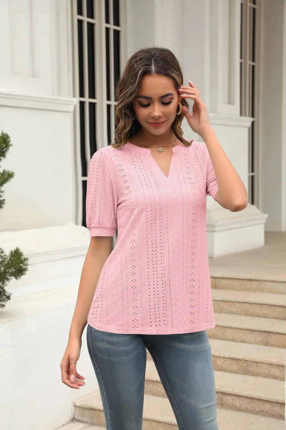 Summer Casual V-neck Solid Color Hollow Puff Sleeve Loose T-shirt display picture 13