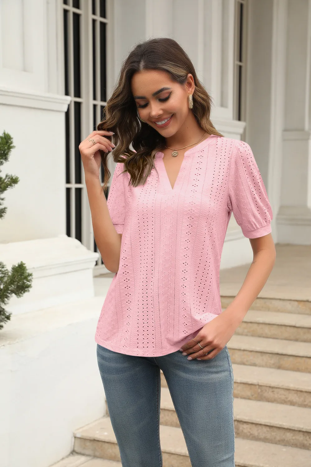 Summer Casual V-neck Solid Color Hollow Puff Sleeve Loose T-shirt display picture 14