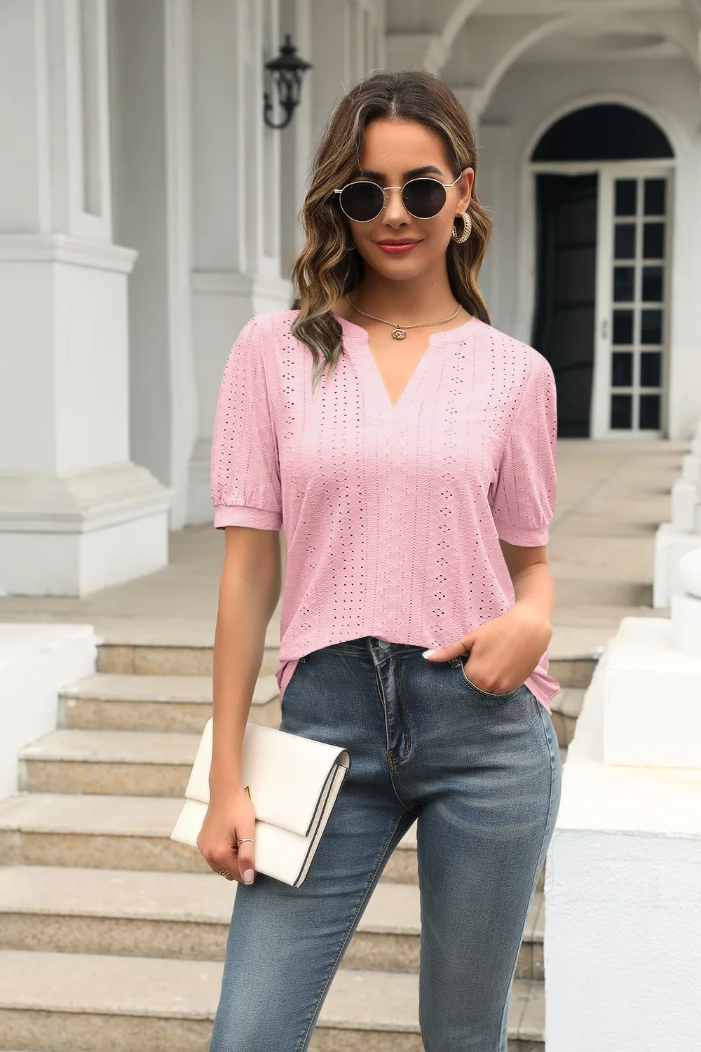 Summer Casual V-neck Solid Color Hollow Puff Sleeve Loose T-shirt display picture 15