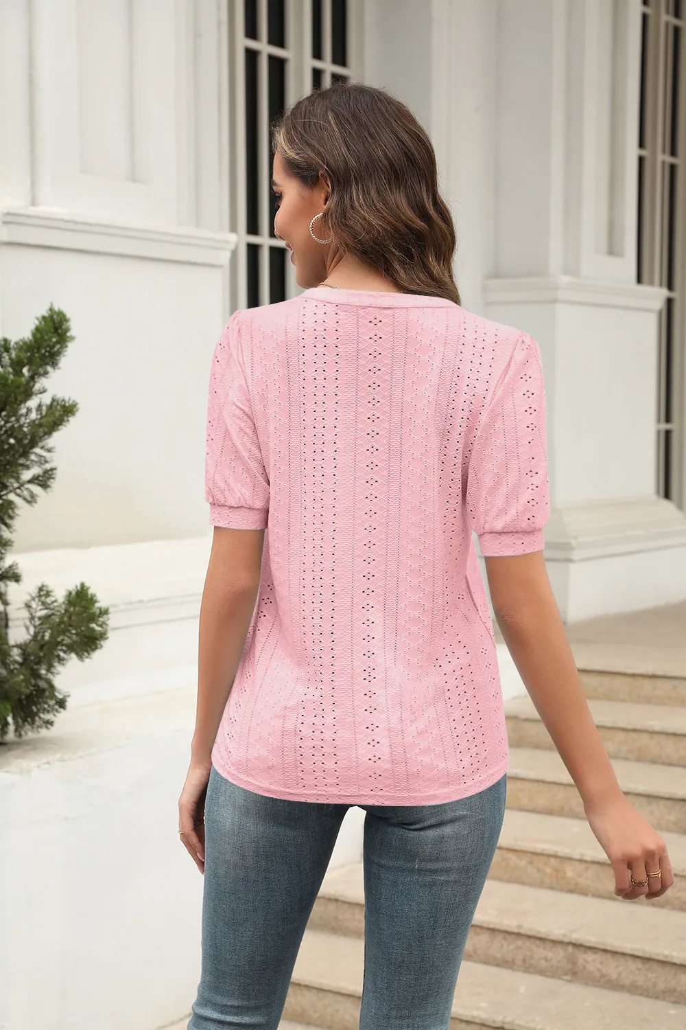 Summer Casual V-neck Solid Color Hollow Puff Sleeve Loose T-shirt display picture 16