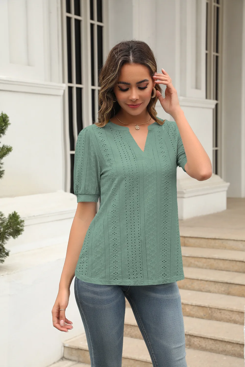 Summer Casual V-neck Solid Color Hollow Puff Sleeve Loose T-shirt display picture 17