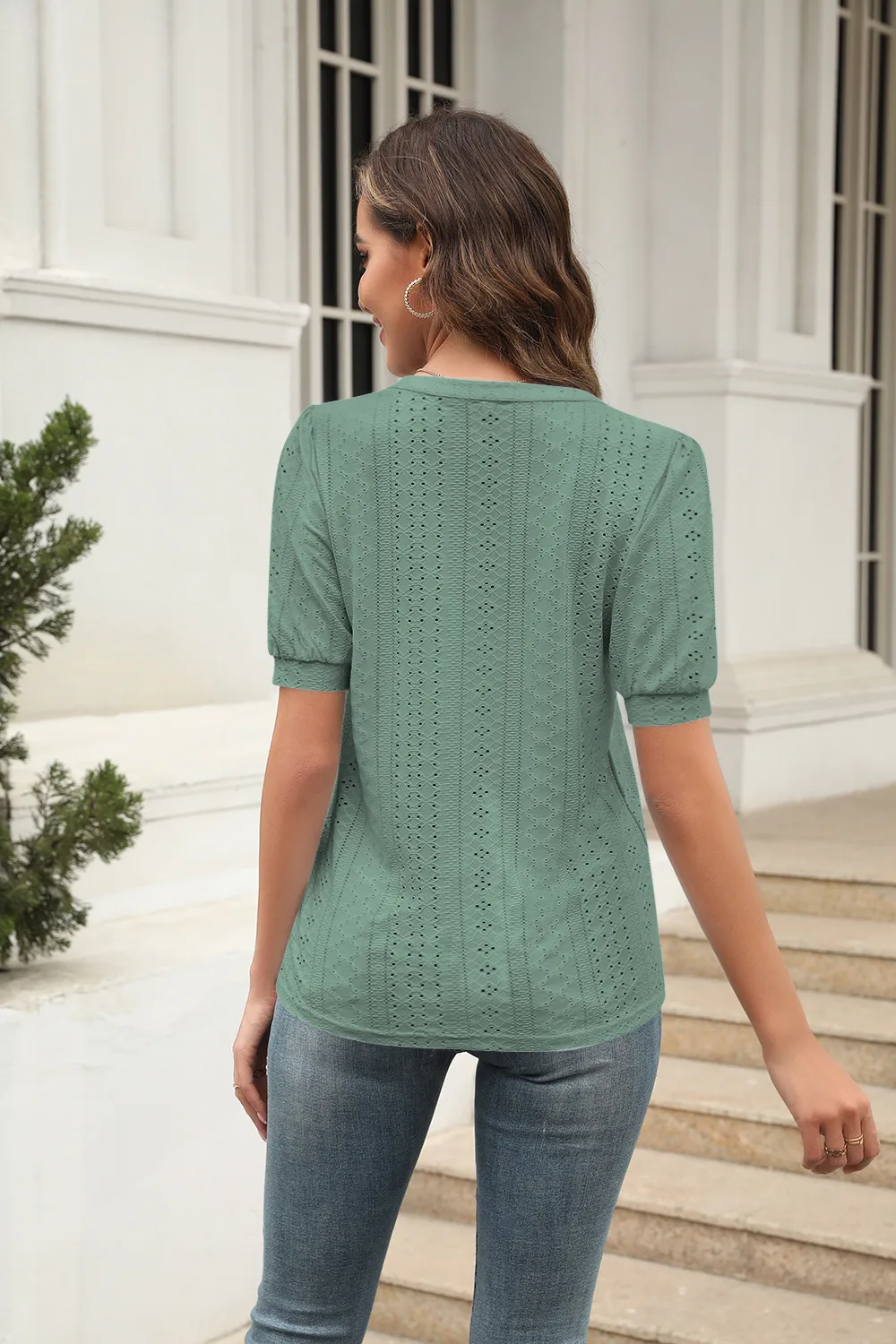 Summer Casual V-neck Solid Color Hollow Puff Sleeve Loose T-shirt display picture 21