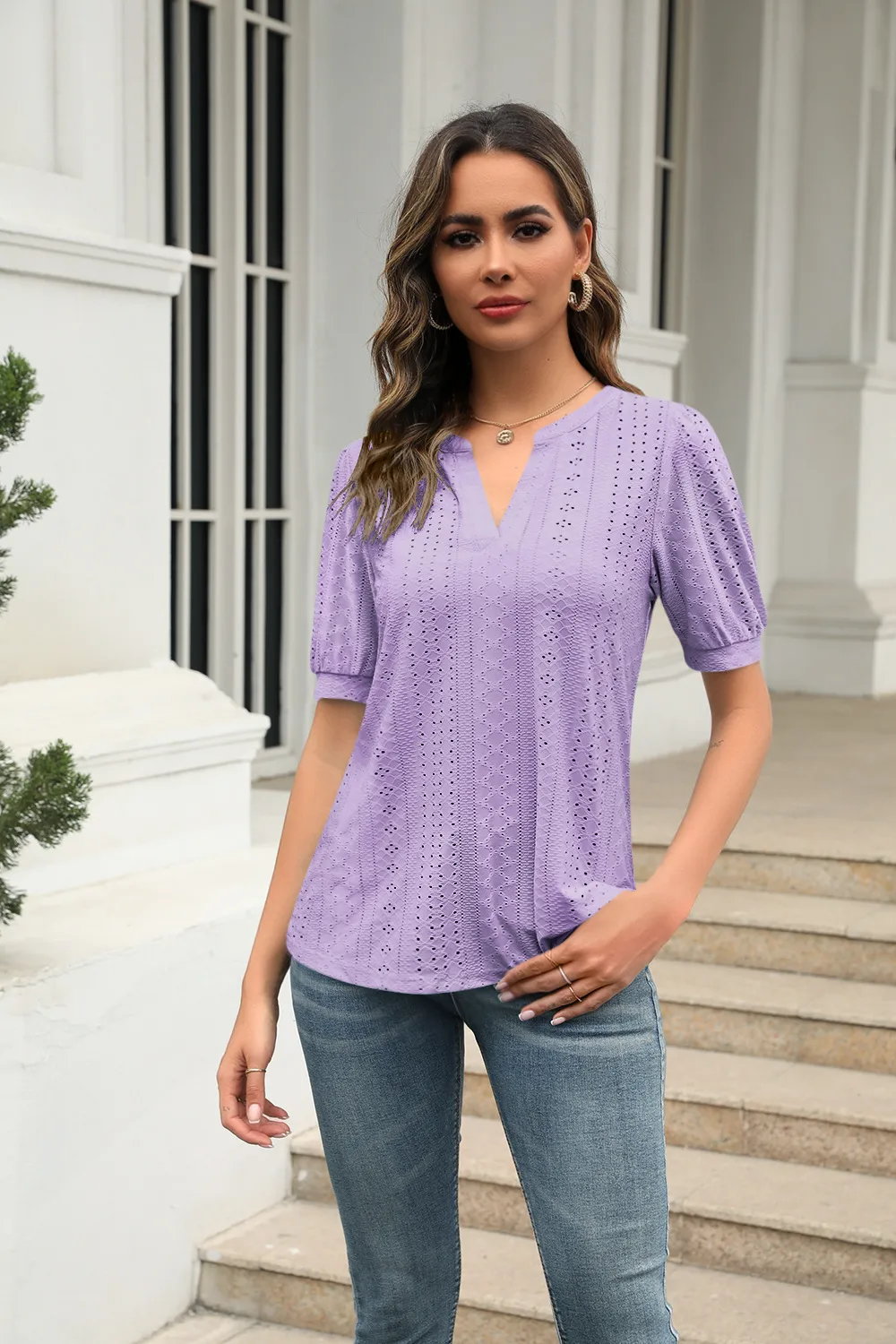 Summer Casual V-neck Solid Color Hollow Puff Sleeve Loose T-shirt display picture 22