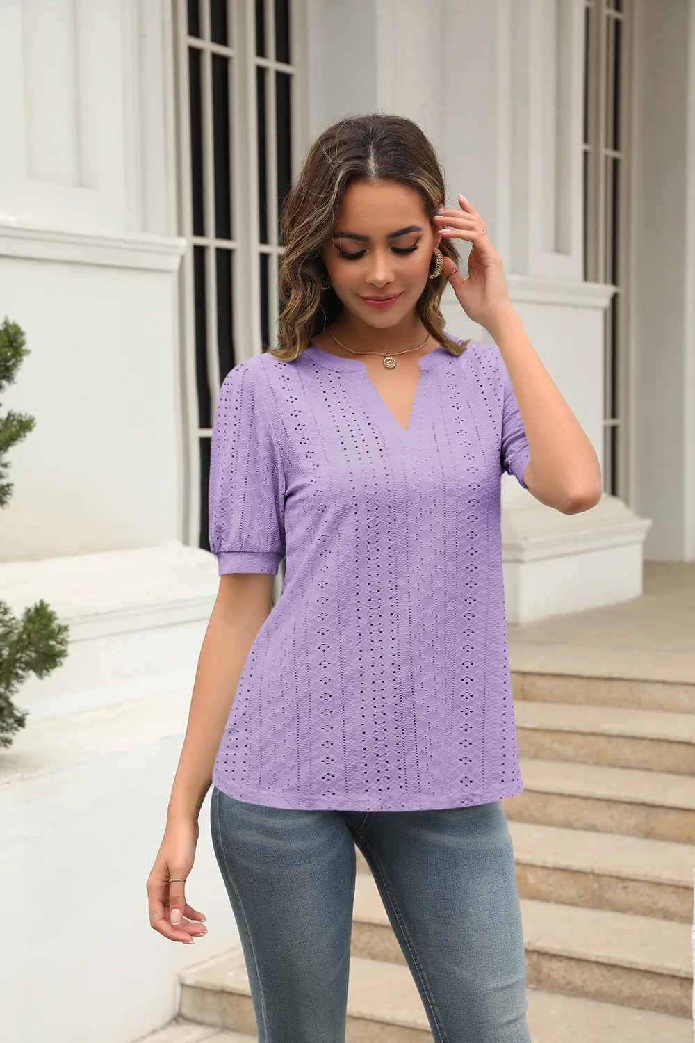 Summer Casual V-neck Solid Color Hollow Puff Sleeve Loose T-shirt display picture 23