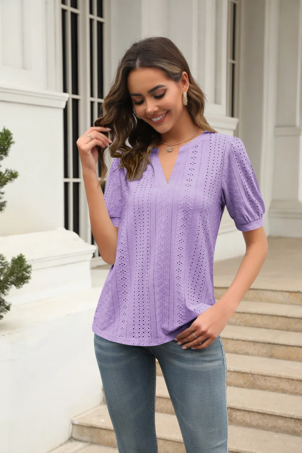 Summer Casual V-neck Solid Color Hollow Puff Sleeve Loose T-shirt display picture 24