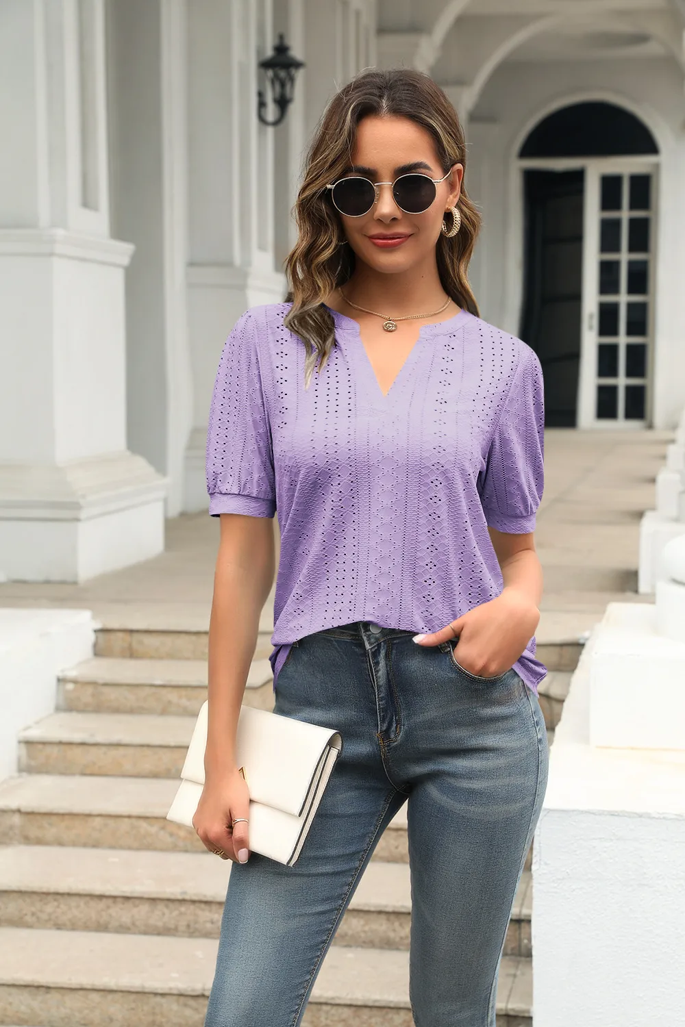 Summer Casual V-neck Solid Color Hollow Puff Sleeve Loose T-shirt display picture 25
