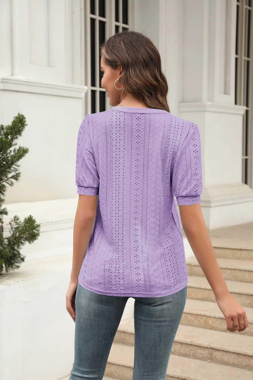 Summer Casual V-neck Solid Color Hollow Puff Sleeve Loose T-shirt display picture 26